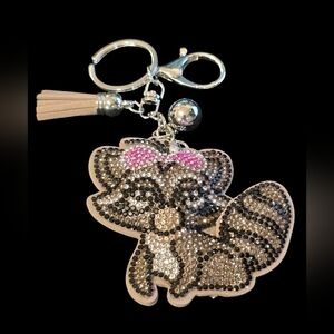 Rhinestone Raccoon Bag Charm / Keychain with Pink Bow